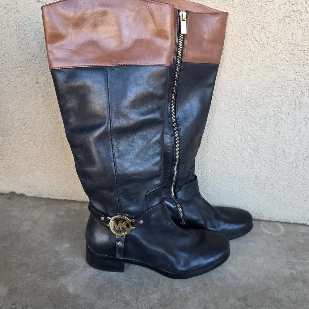 MICHAEL KORS Fulton Harness Tall Riding Boots Womens Black Leather Sz 7.5M